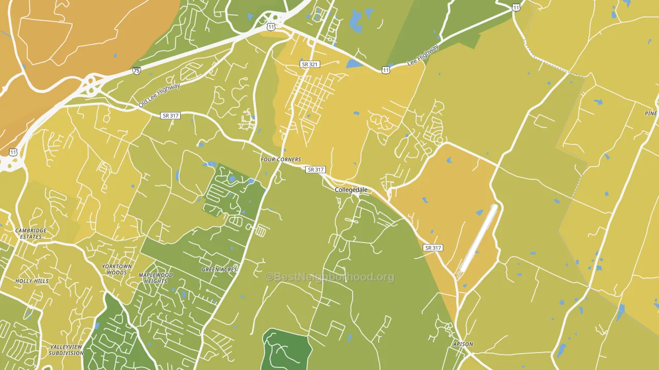 Map of the best neighborhoods in the Collegedale area, with better matches in green and worse matches in red
