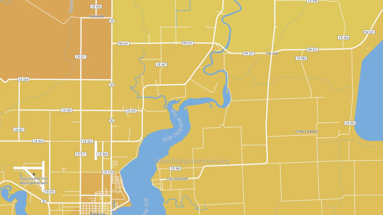 Map of the best neighborhoods in the Collegeport area, with better matches in green and worse matches in red