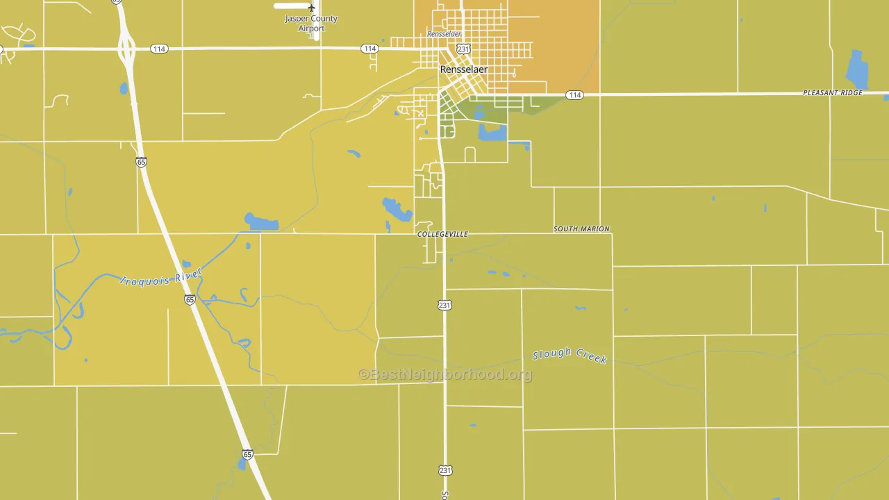 Map of the best neighborhoods in the Collegeville area, with better matches in green and worse matches in red
