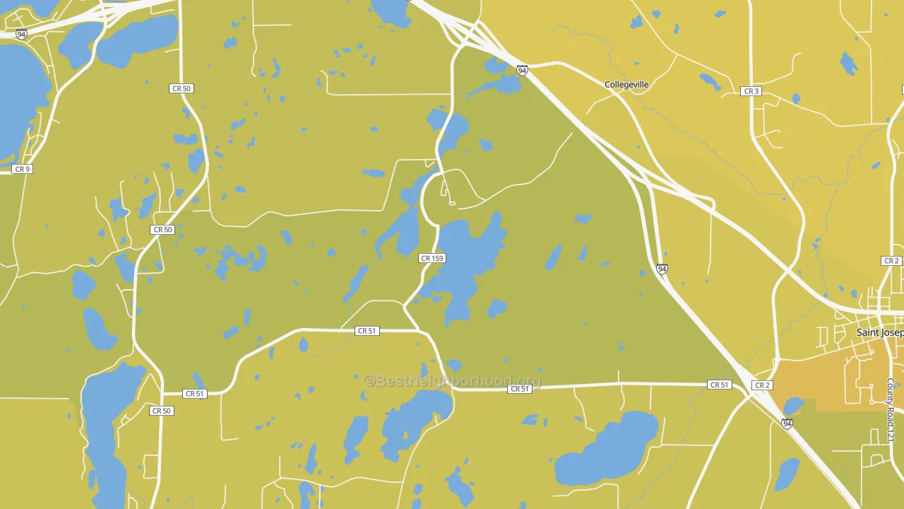 Map of the best neighborhoods in the Collegeville area, with better matches in green and worse matches in red