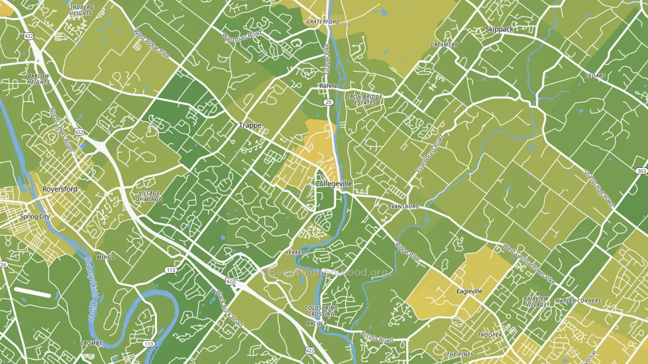 Map of the best neighborhoods in the Collegeville area, with better matches in green and worse matches in red