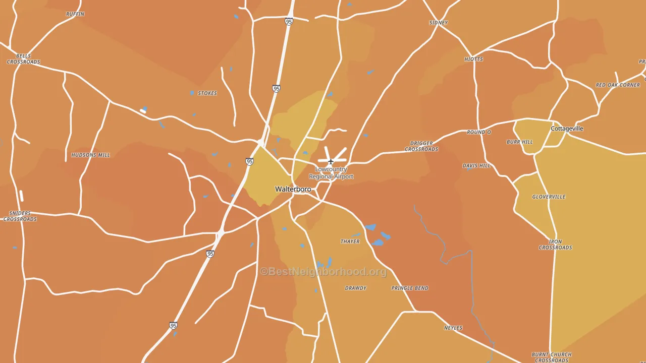Map of the best neighborhoods in the Colleton County area, with better matches in green and worse matches in red