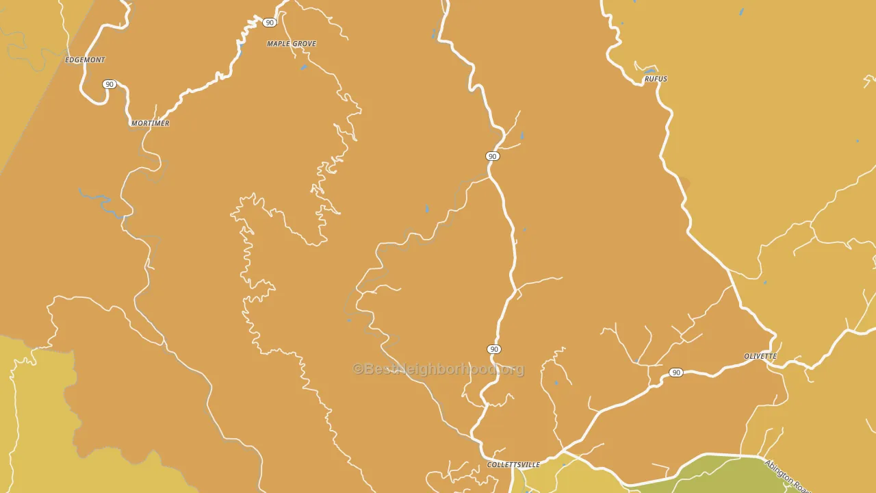 Map of the best neighborhoods in the Collettsville area, with better matches in green and worse matches in red