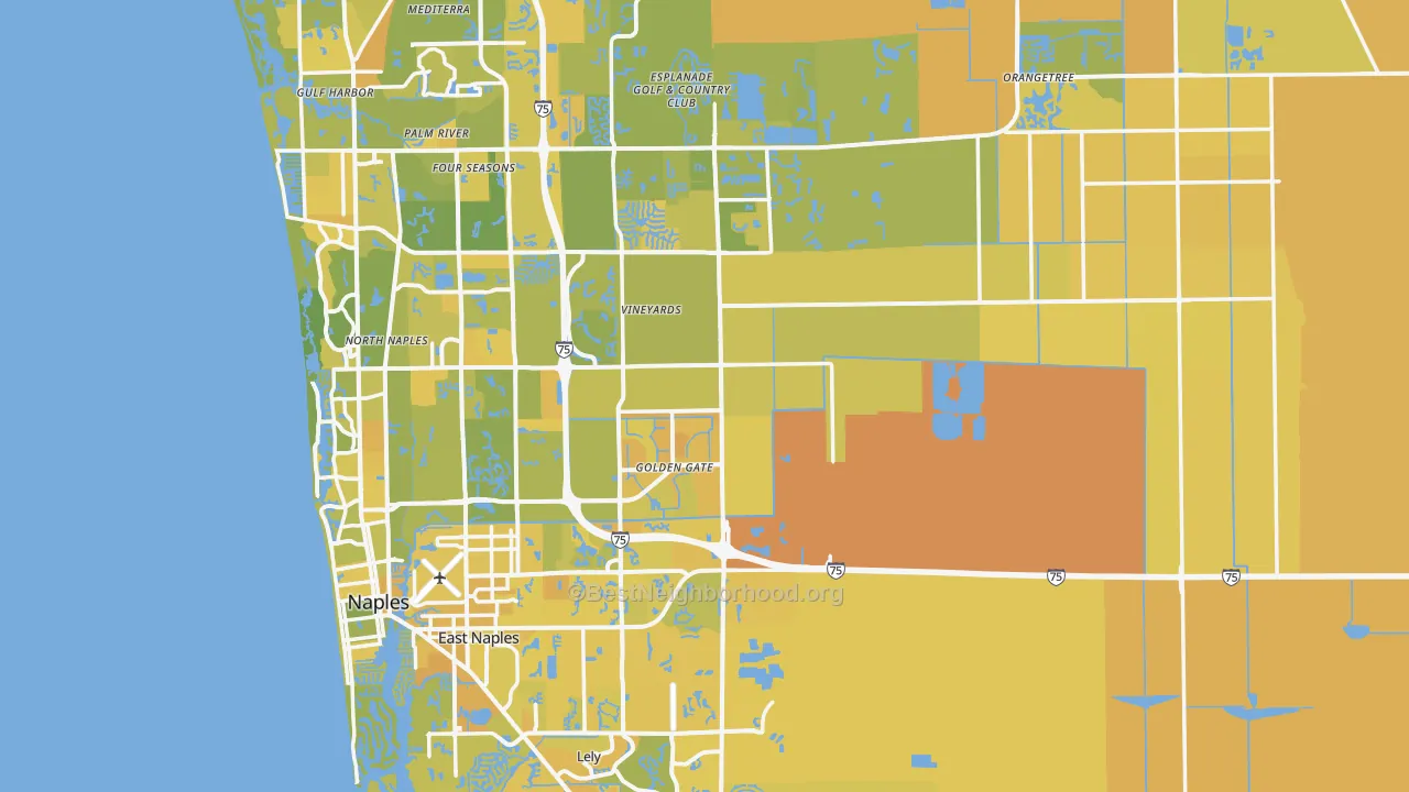 Map of the best neighborhoods in the Collier County area, with better matches in green and worse matches in red