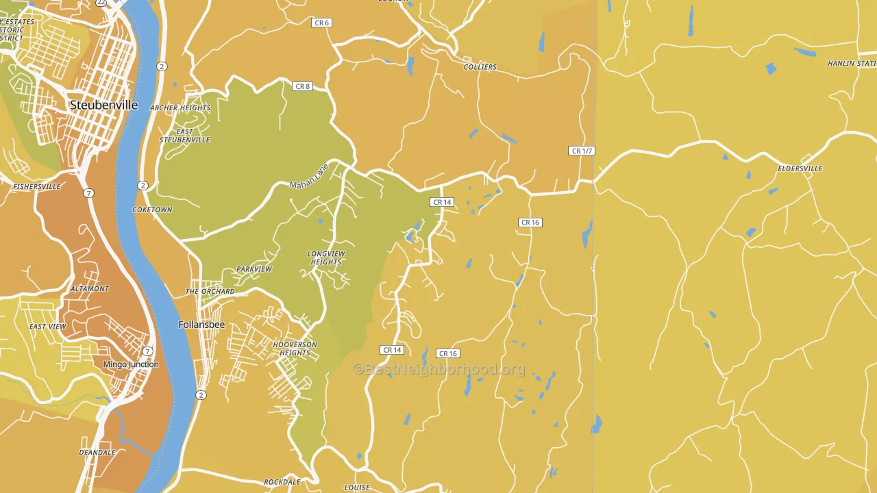 Map of the best neighborhoods in the Colliers area, with better matches in green and worse matches in red
