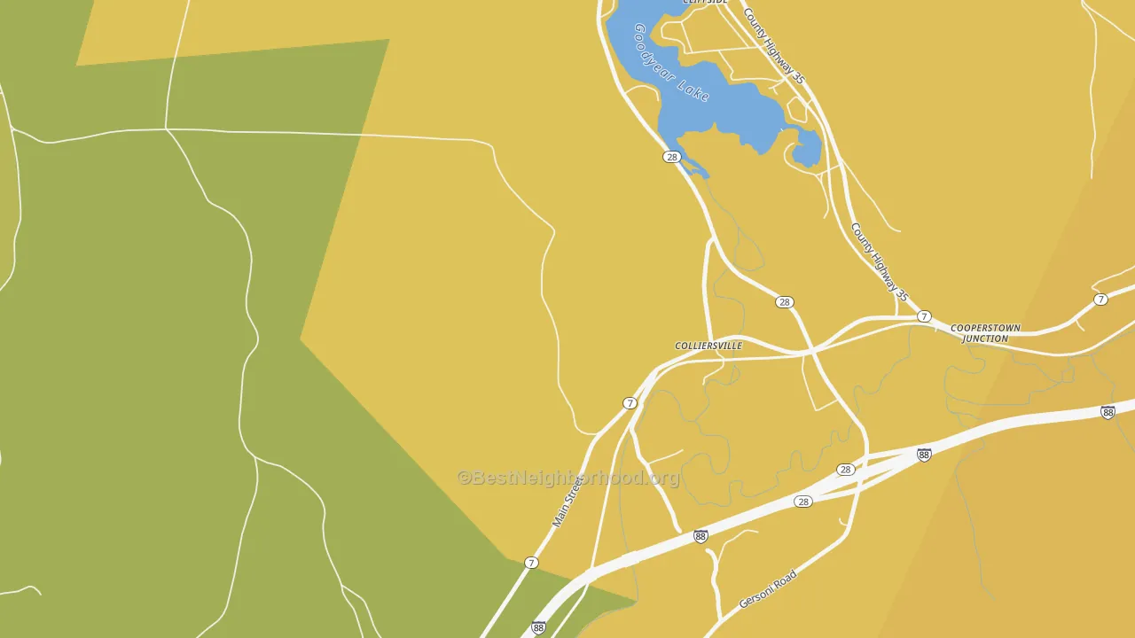 Map of the best neighborhoods in the Colliersville area, with better matches in green and worse matches in red