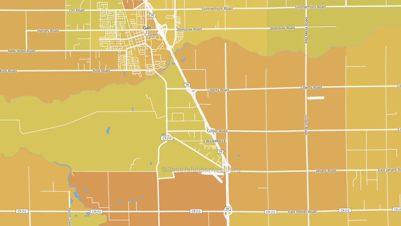 Map of the best neighborhoods in the Collierville area, with better matches in green and worse matches in red