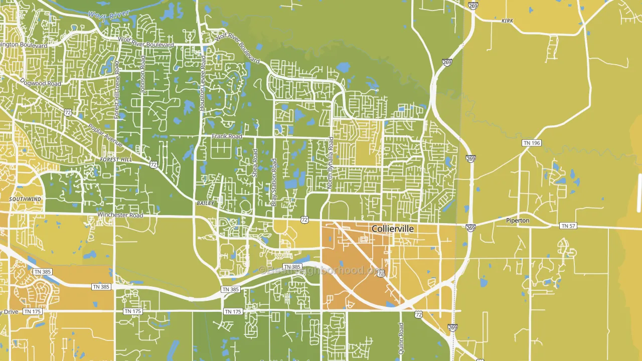 Map of the best neighborhoods in the Collierville area, with better matches in green and worse matches in red