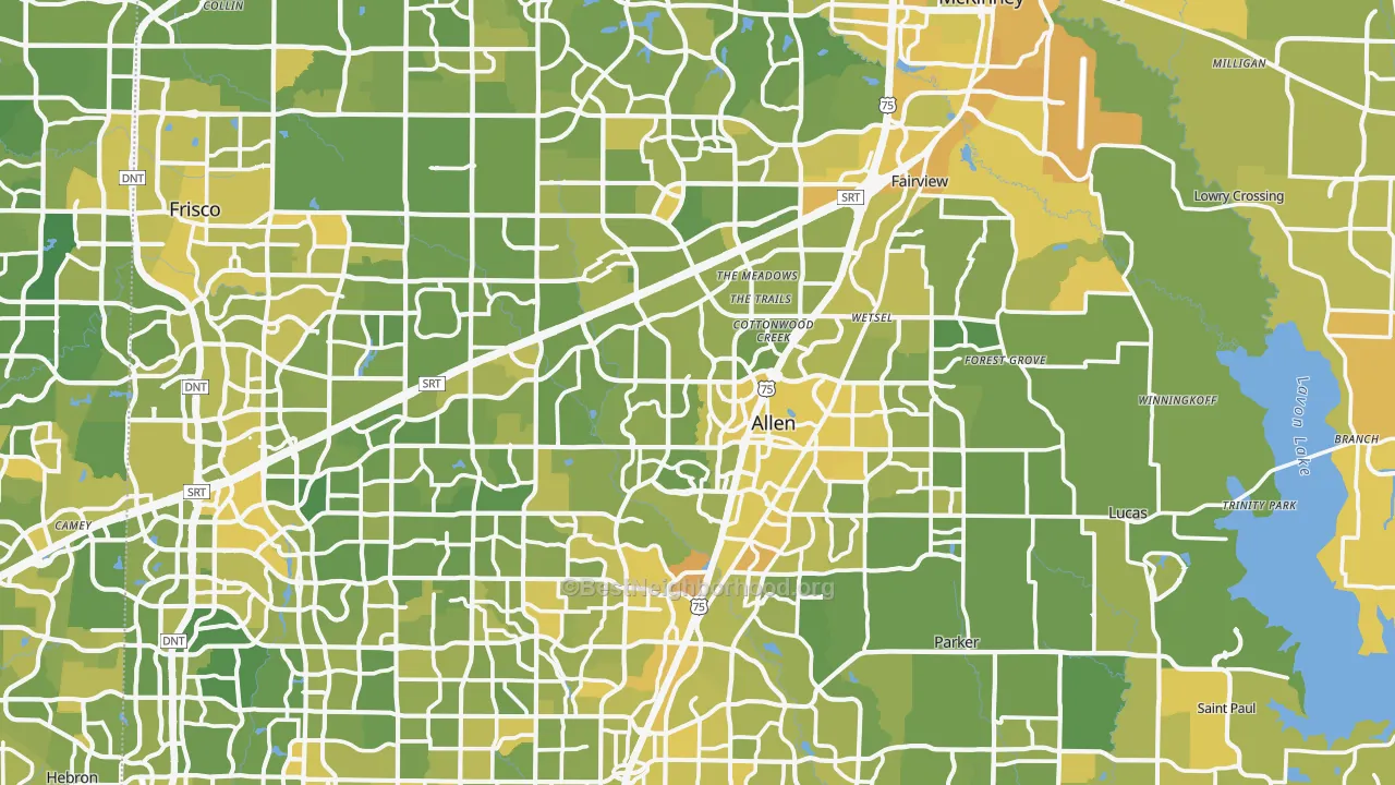 Map of the best neighborhoods in the Collin County area, with better matches in green and worse matches in red
