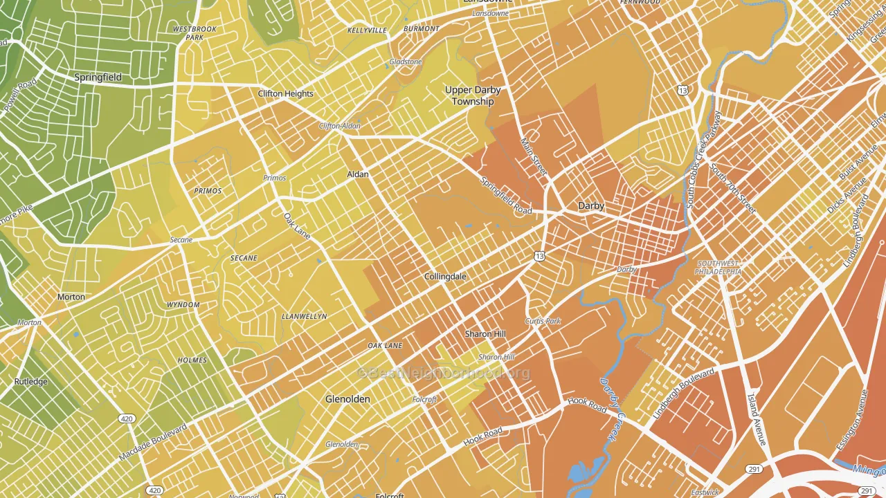 Map of the best neighborhoods in the Collingdale area, with better matches in green and worse matches in red