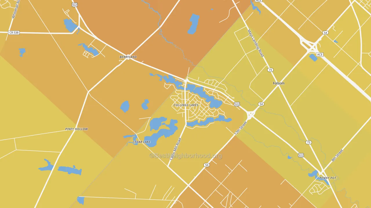 Map of the best neighborhoods in the Collings Lakes area, with better matches in green and worse matches in red