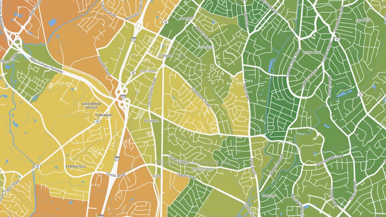 Map of the best neighborhoods in the Collingwood, Charlotte area, with better matches in green and worse matches in red