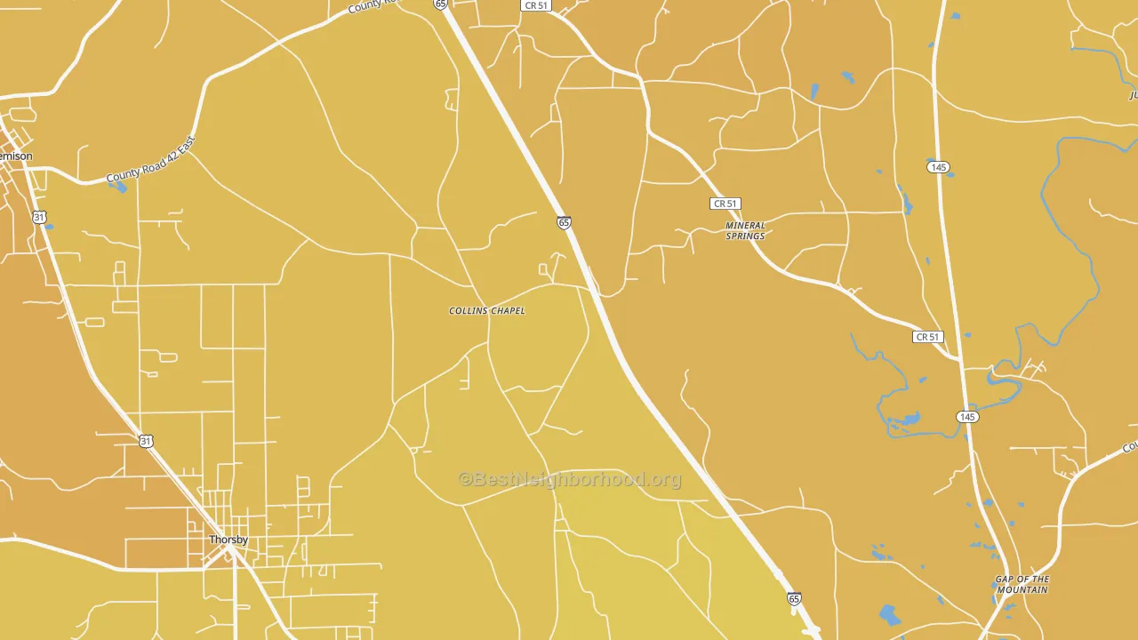 Map of the best neighborhoods in the Collins Chapel area, with better matches in green and worse matches in red