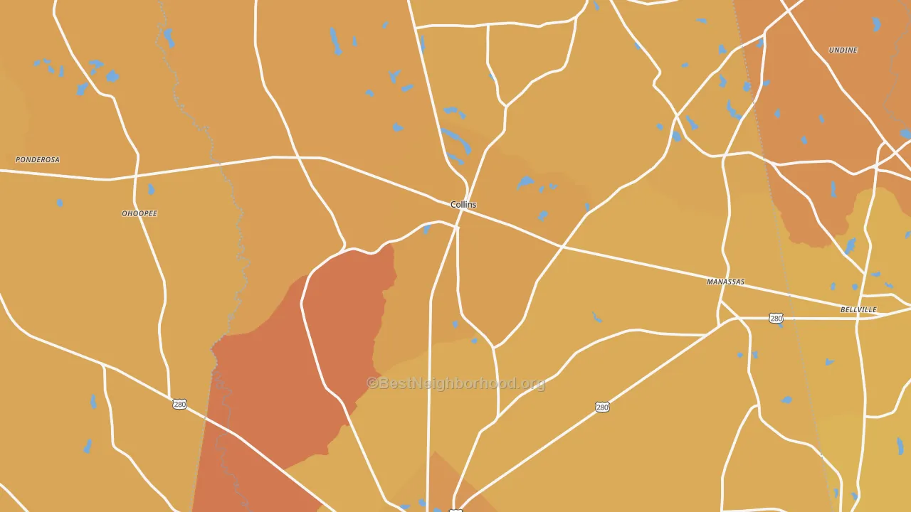 Map of the best neighborhoods in the Collins area, with better matches in green and worse matches in red