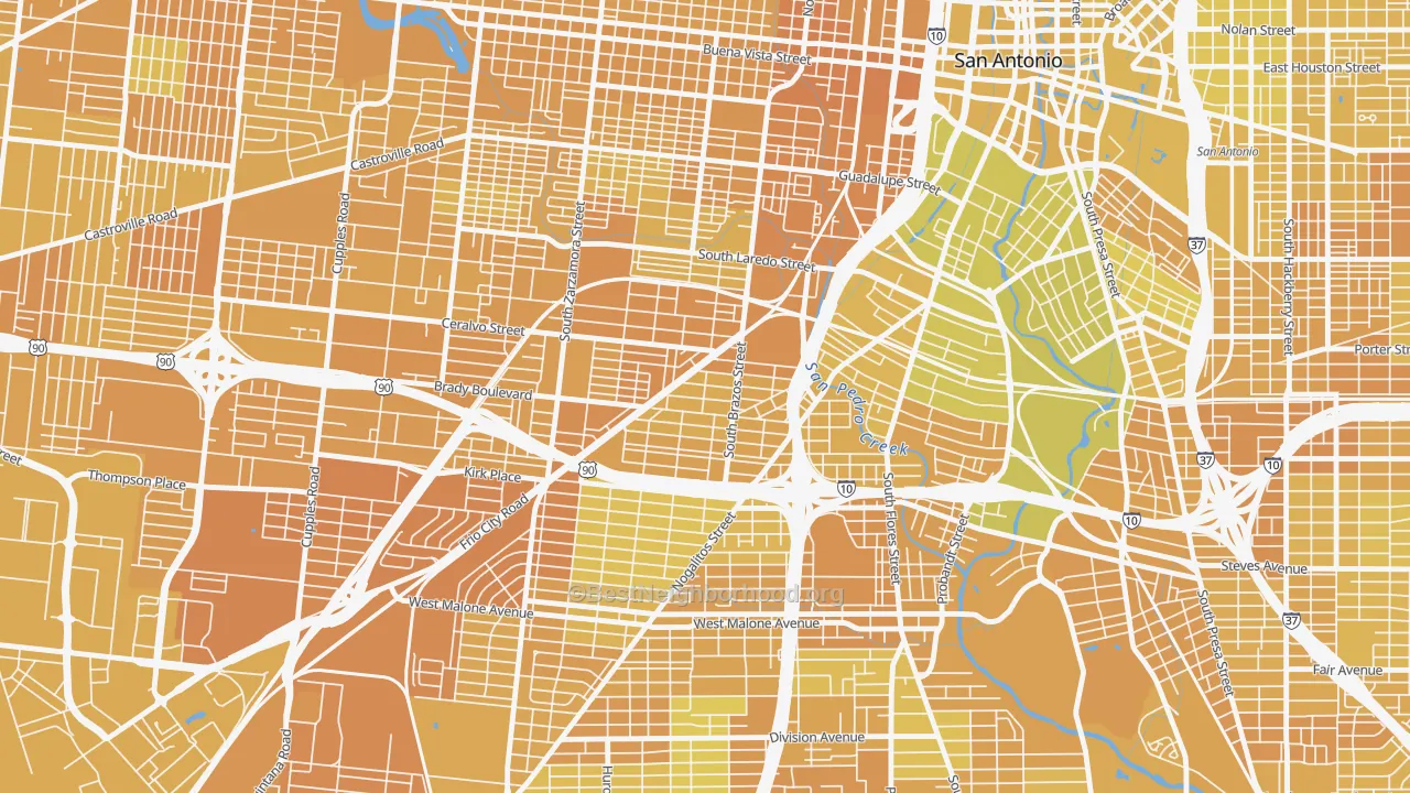 Map of the best neighborhoods in the Collins Gardens, San Antonio area, with better matches in green and worse matches in red
