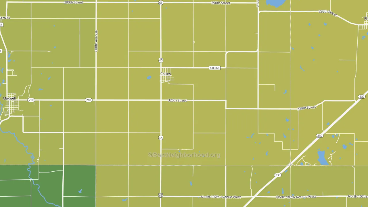 Map of the best neighborhoods in the Collins area, with better matches in green and worse matches in red