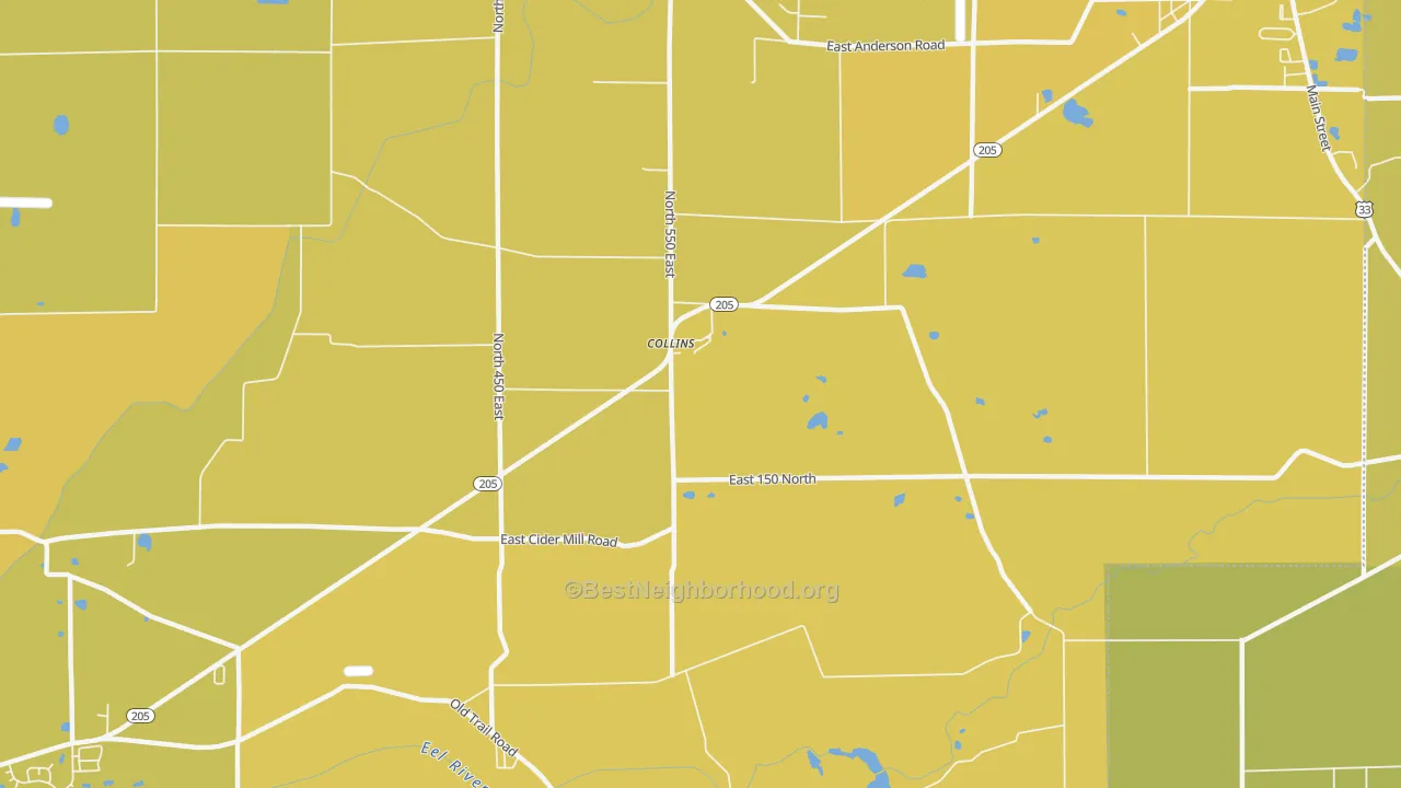 Map of the best neighborhoods in the Collins area, with better matches in green and worse matches in red