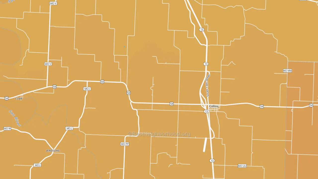 Map of the best neighborhoods in the Collins area, with better matches in green and worse matches in red