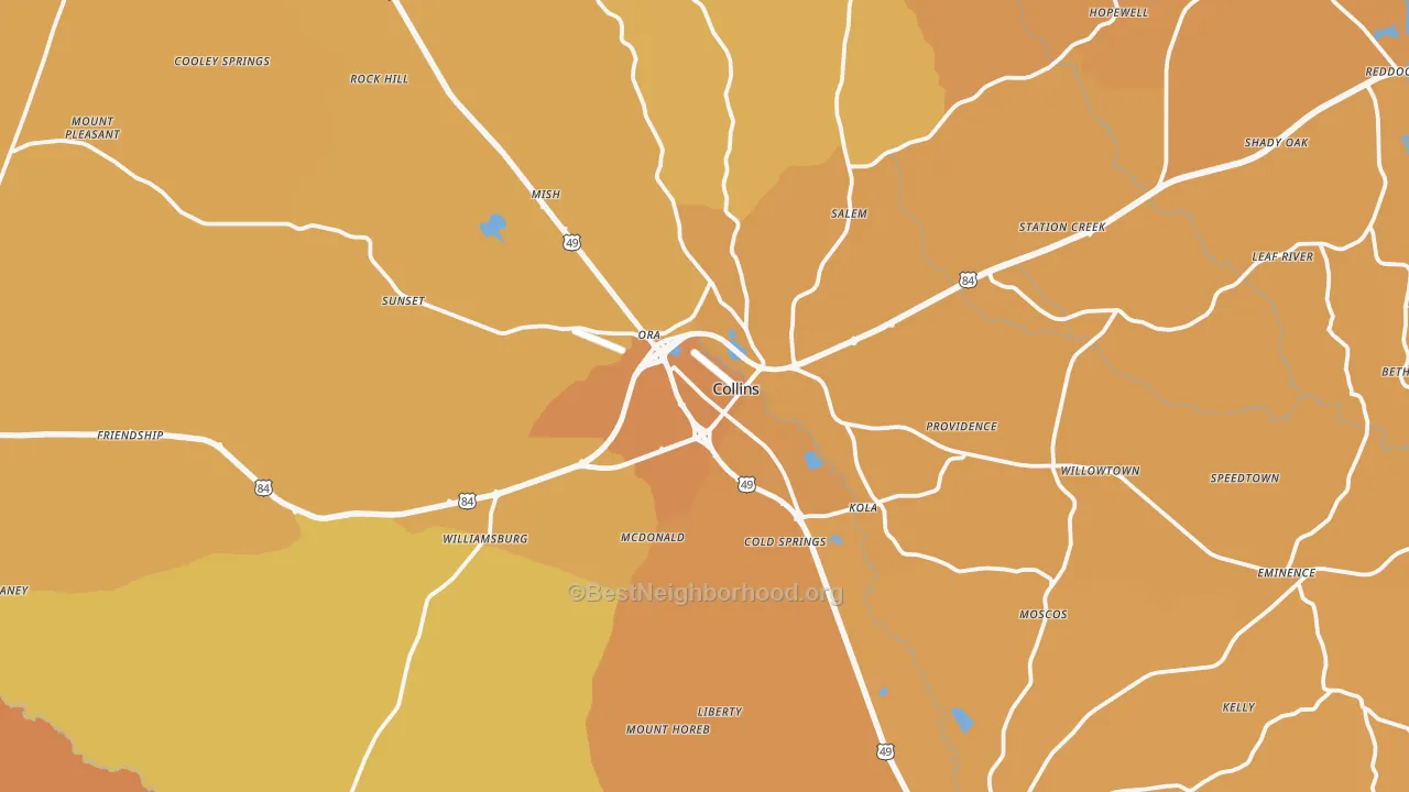 Map of the best neighborhoods in the Collins area, with better matches in green and worse matches in red