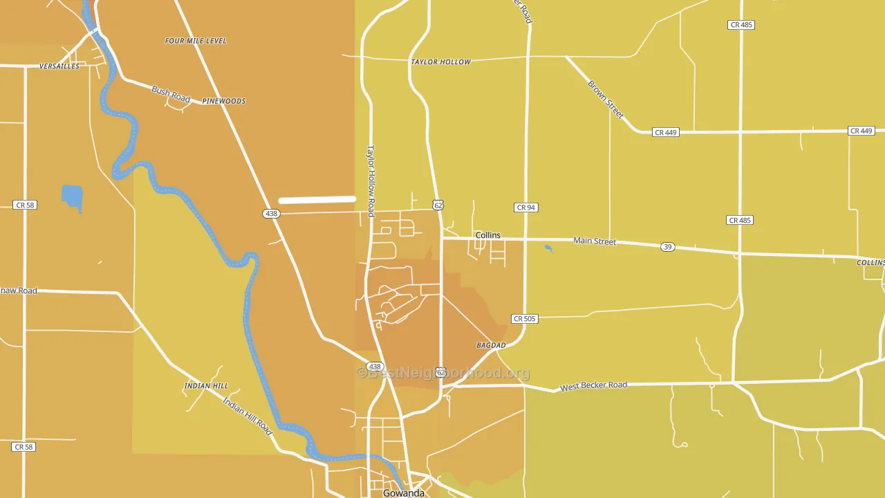 Map of the best neighborhoods in the Collins area, with better matches in green and worse matches in red