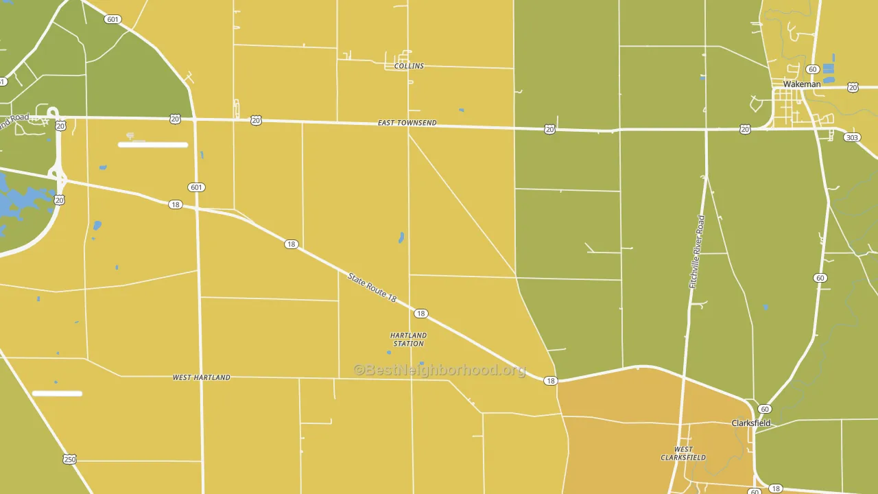 Map of the best neighborhoods in the Collins area, with better matches in green and worse matches in red
