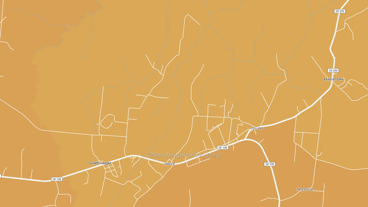 Map of the best neighborhoods in the Collins area, with better matches in green and worse matches in red