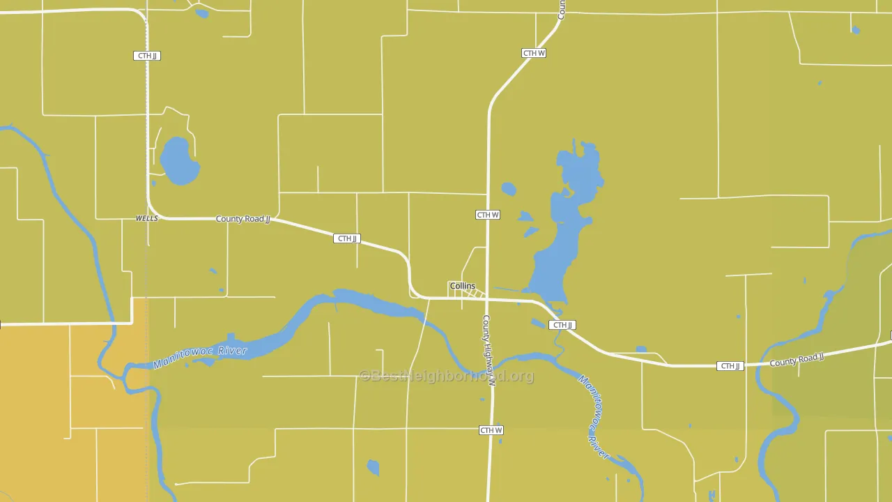 Map of the best neighborhoods in the Collins area, with better matches in green and worse matches in red