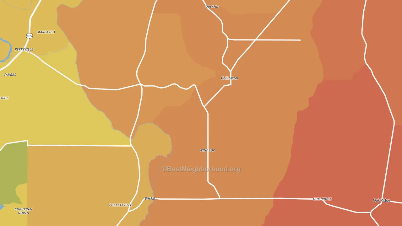 Map of the best neighborhoods in the Collinston area, with better matches in green and worse matches in red