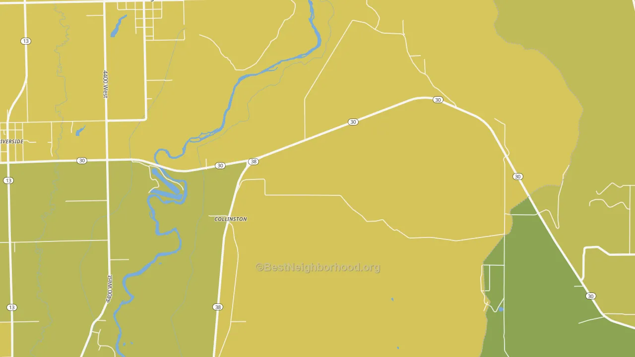 Map of the best neighborhoods in the Collinston area, with better matches in green and worse matches in red