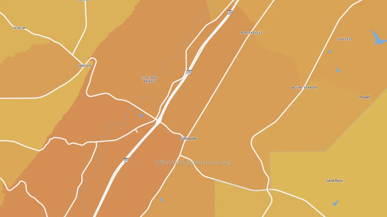 Map of the best neighborhoods in the Collinsville area, with better matches in green and worse matches in red