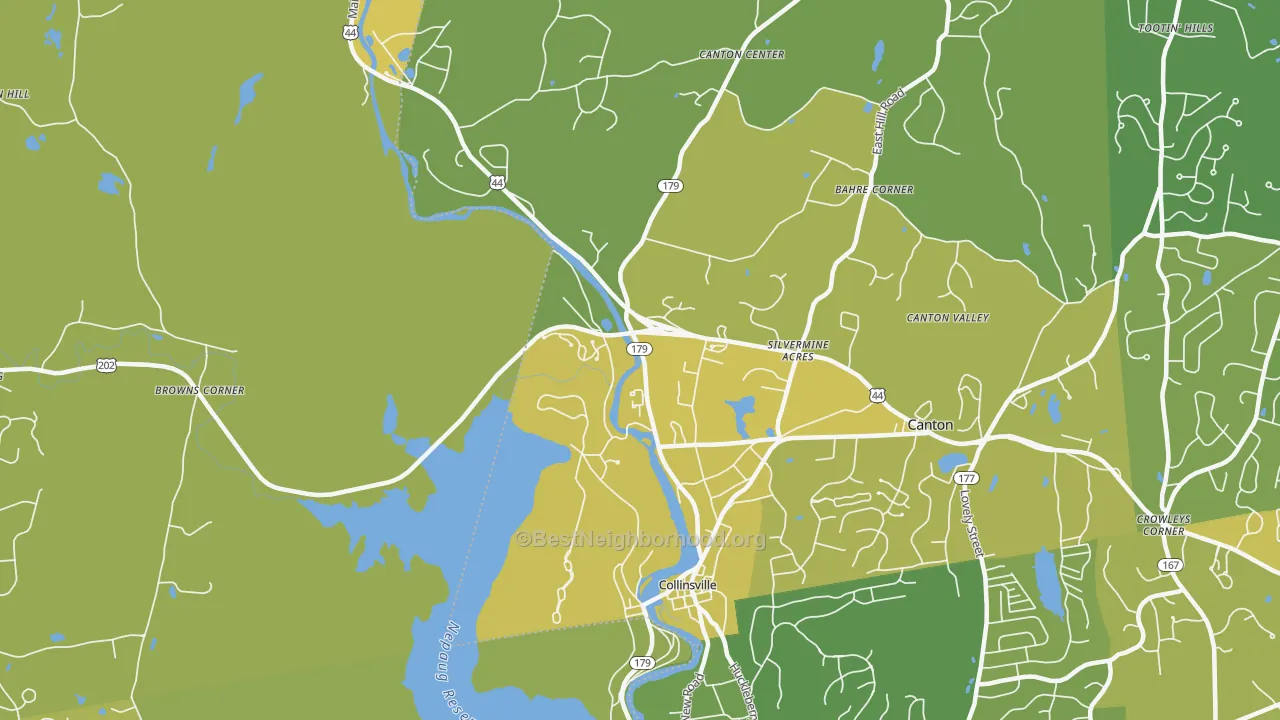 Map of the best neighborhoods in the Collinsville area, with better matches in green and worse matches in red