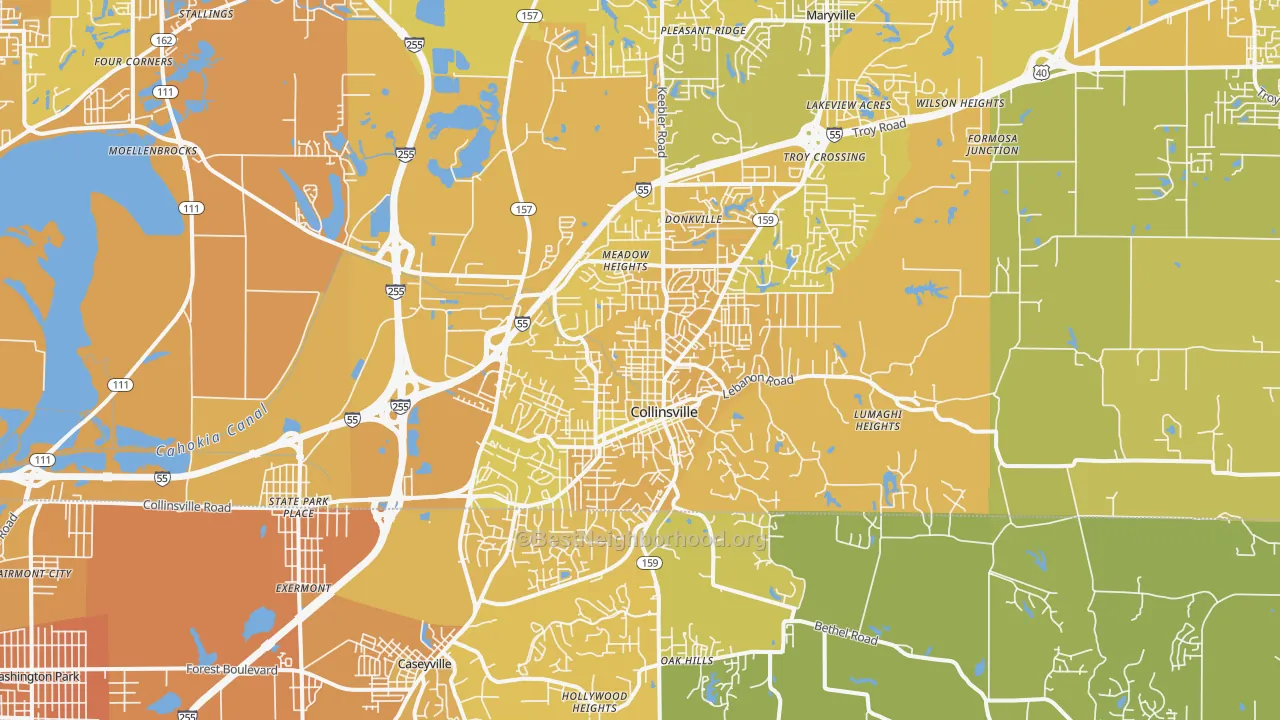 Map of the best neighborhoods in the Collinsville area, with better matches in green and worse matches in red
