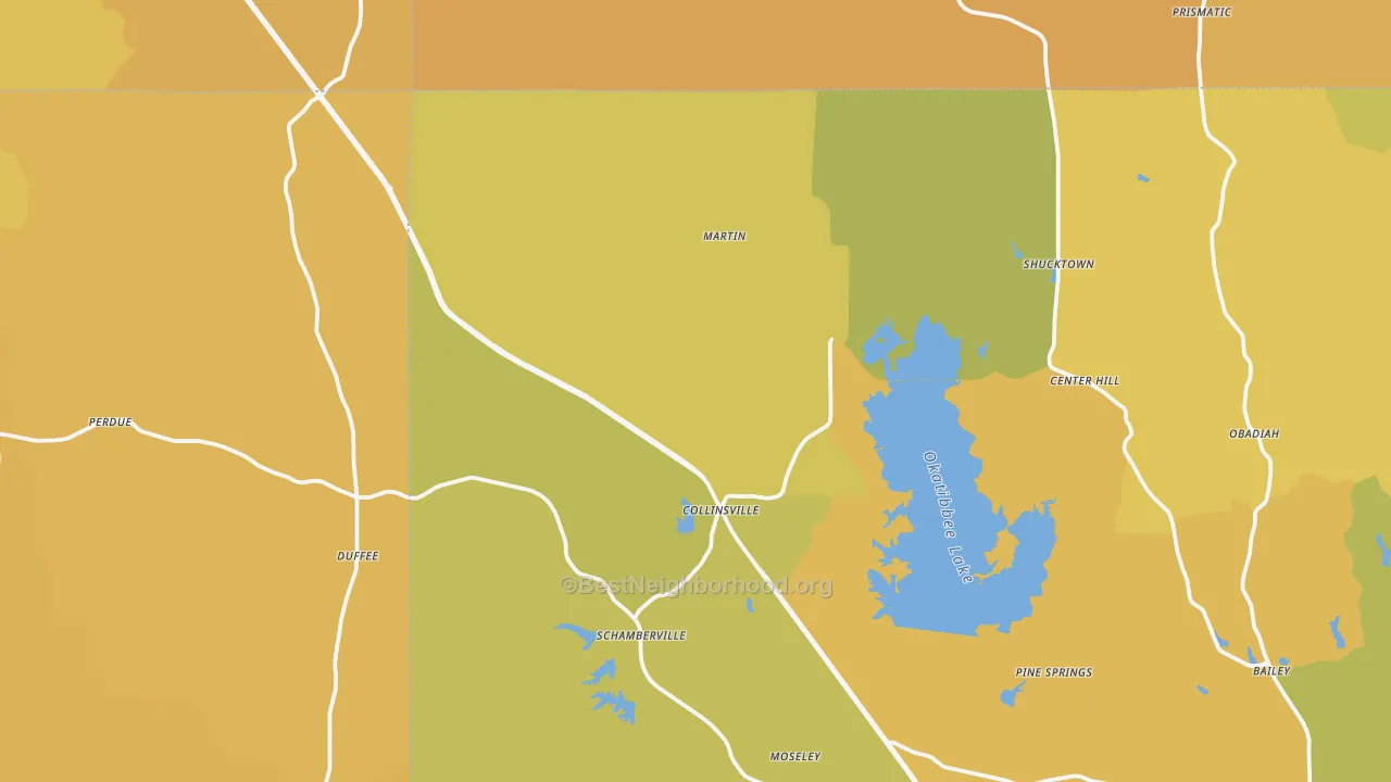 Map of the best neighborhoods in the Collinsville area, with better matches in green and worse matches in red