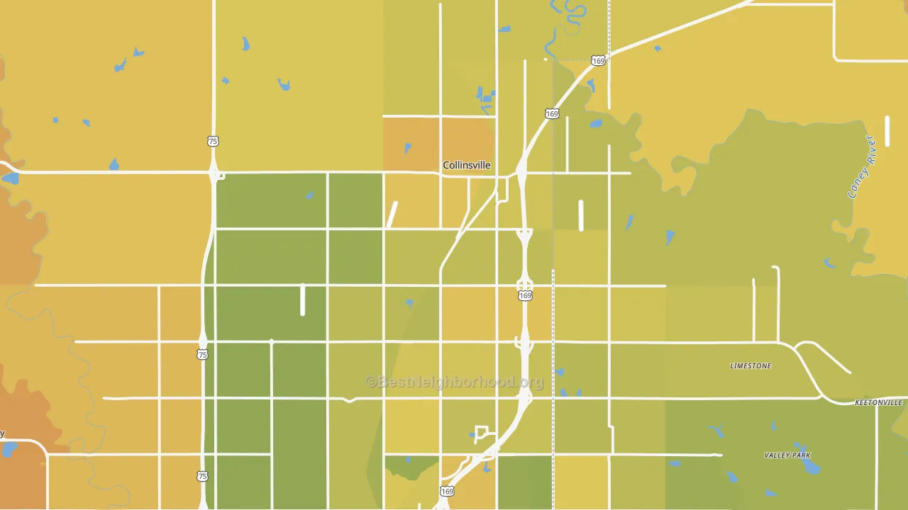 Map of the best neighborhoods in the Collinsville area, with better matches in green and worse matches in red