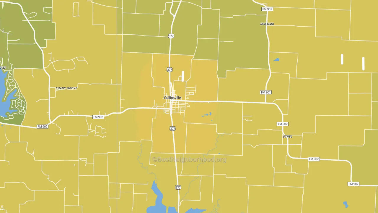 Map of the best neighborhoods in the Collinsville area, with better matches in green and worse matches in red