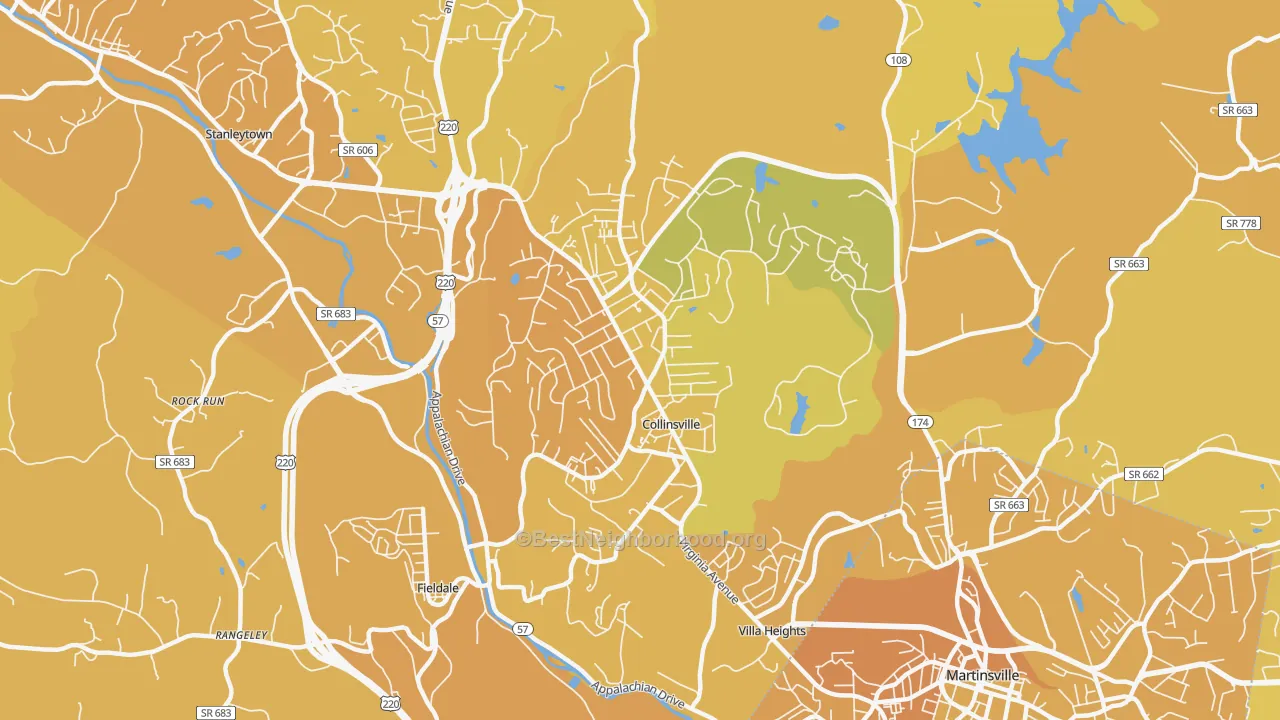 Map of the best neighborhoods in the Collinsville area, with better matches in green and worse matches in red