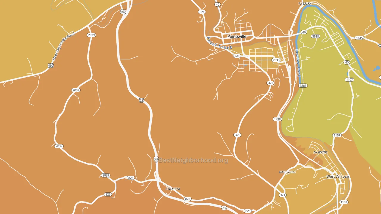 Map of the best neighborhoods in the Collista area, with better matches in green and worse matches in red
