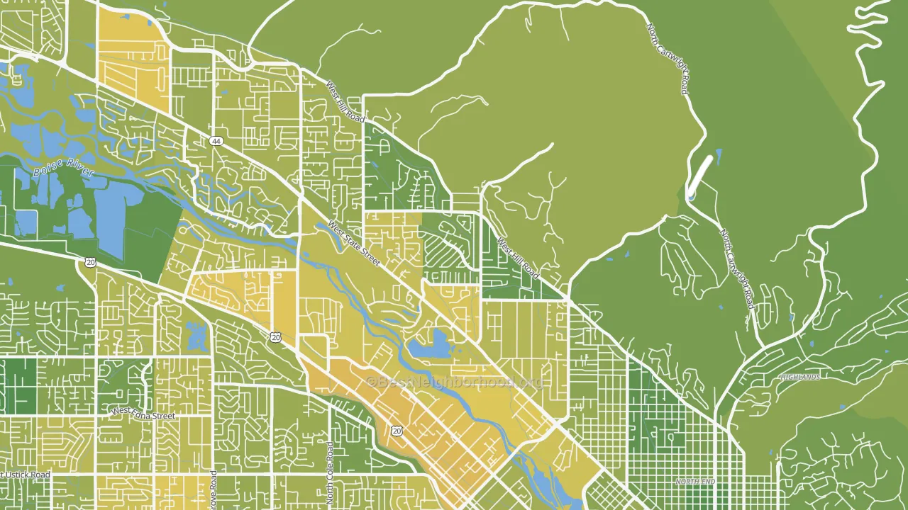 Map of the best neighborhoods in the Collister, Boise area, with better matches in green and worse matches in red