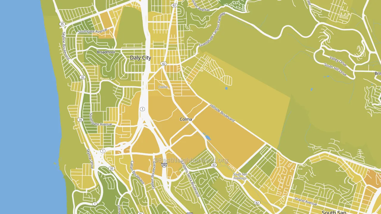 Map of the best neighborhoods in the Colma area, with better matches in green and worse matches in red