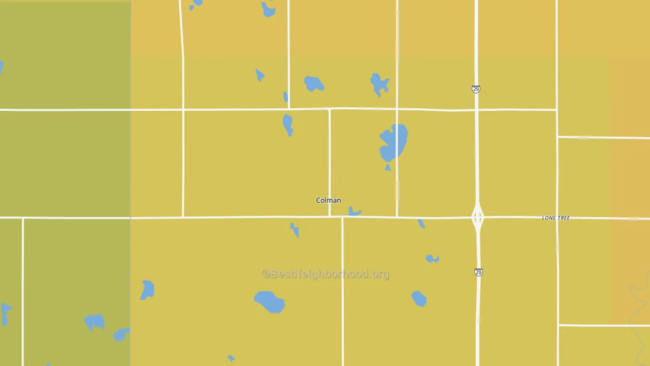 Map of the best neighborhoods in the Colman area, with better matches in green and worse matches in red