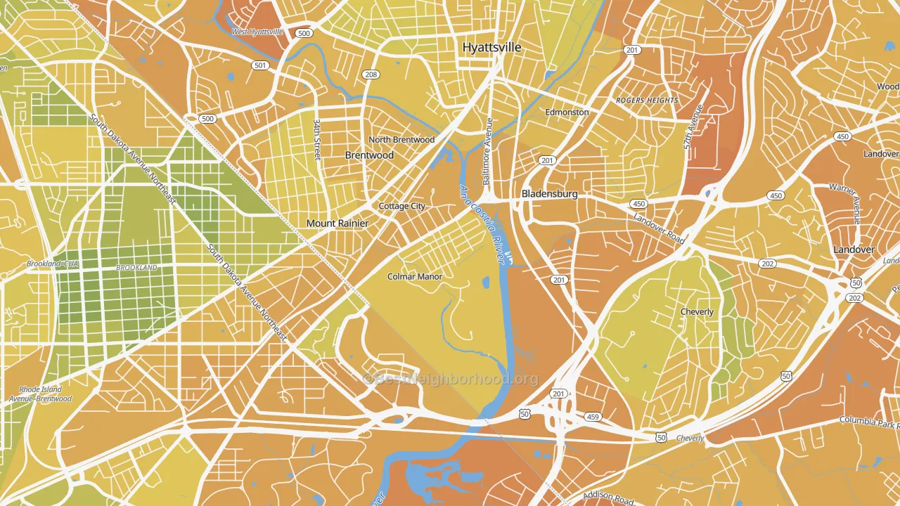 Map of the best neighborhoods in the Colmar Manor area, with better matches in green and worse matches in red