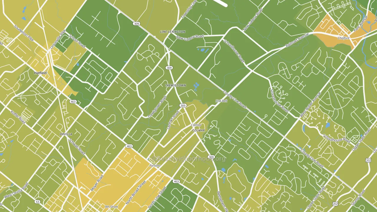 Map of the best neighborhoods in the Colmar area, with better matches in green and worse matches in red