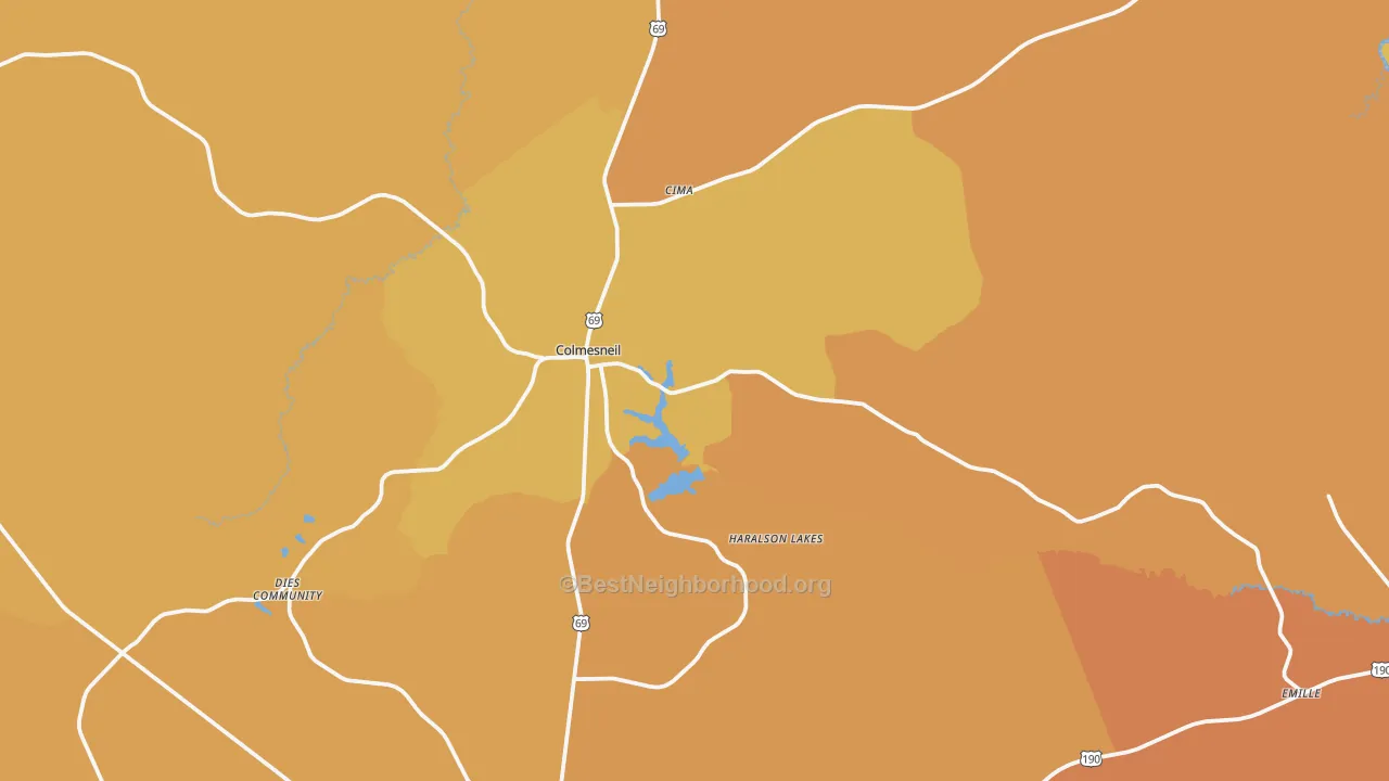 Map of the best neighborhoods in the Colmesneil area, with better matches in green and worse matches in red