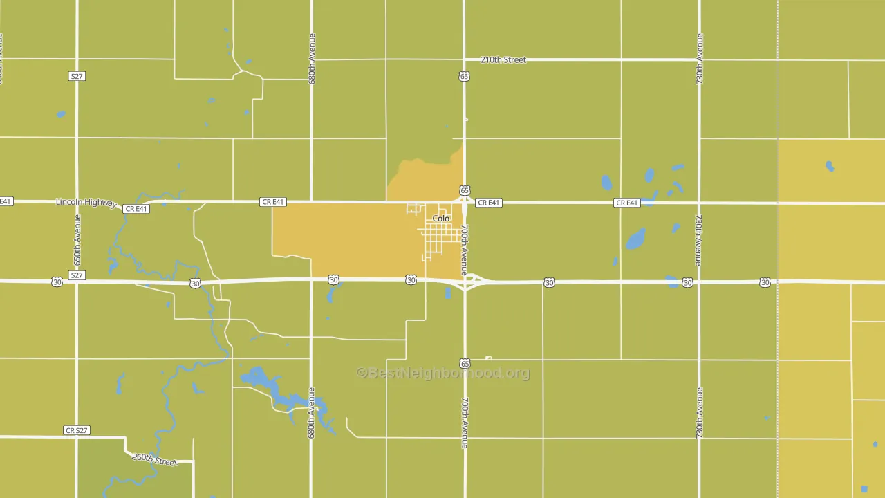 Map of the best neighborhoods in the Colo area, with better matches in green and worse matches in red