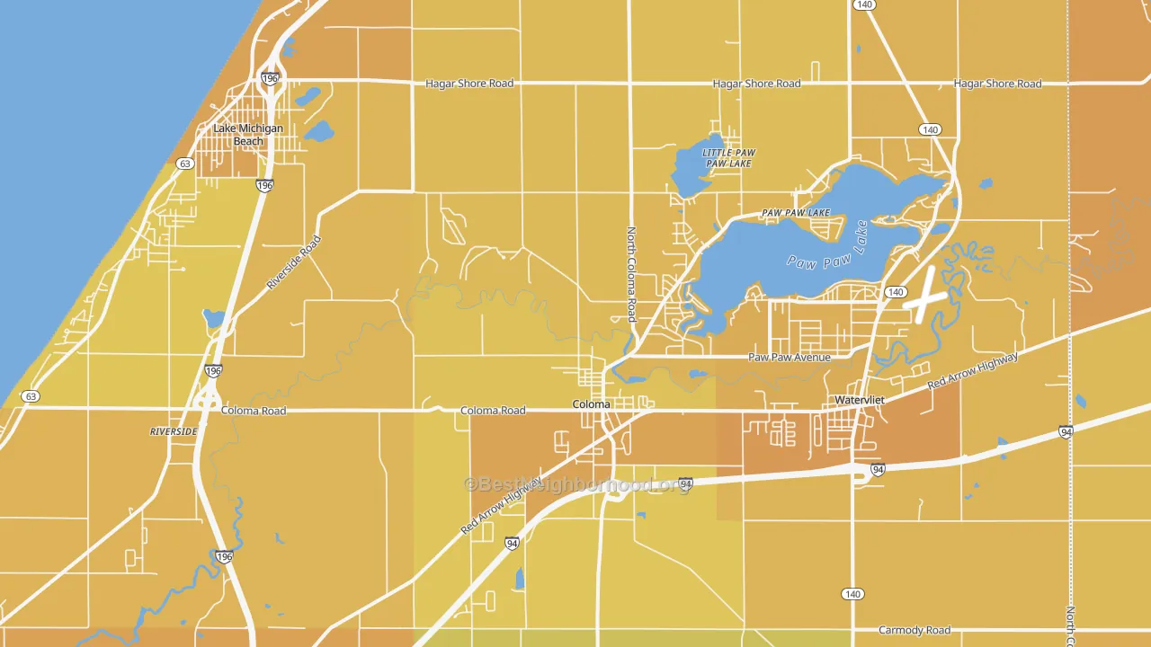 Map of the best neighborhoods in the Coloma area, with better matches in green and worse matches in red