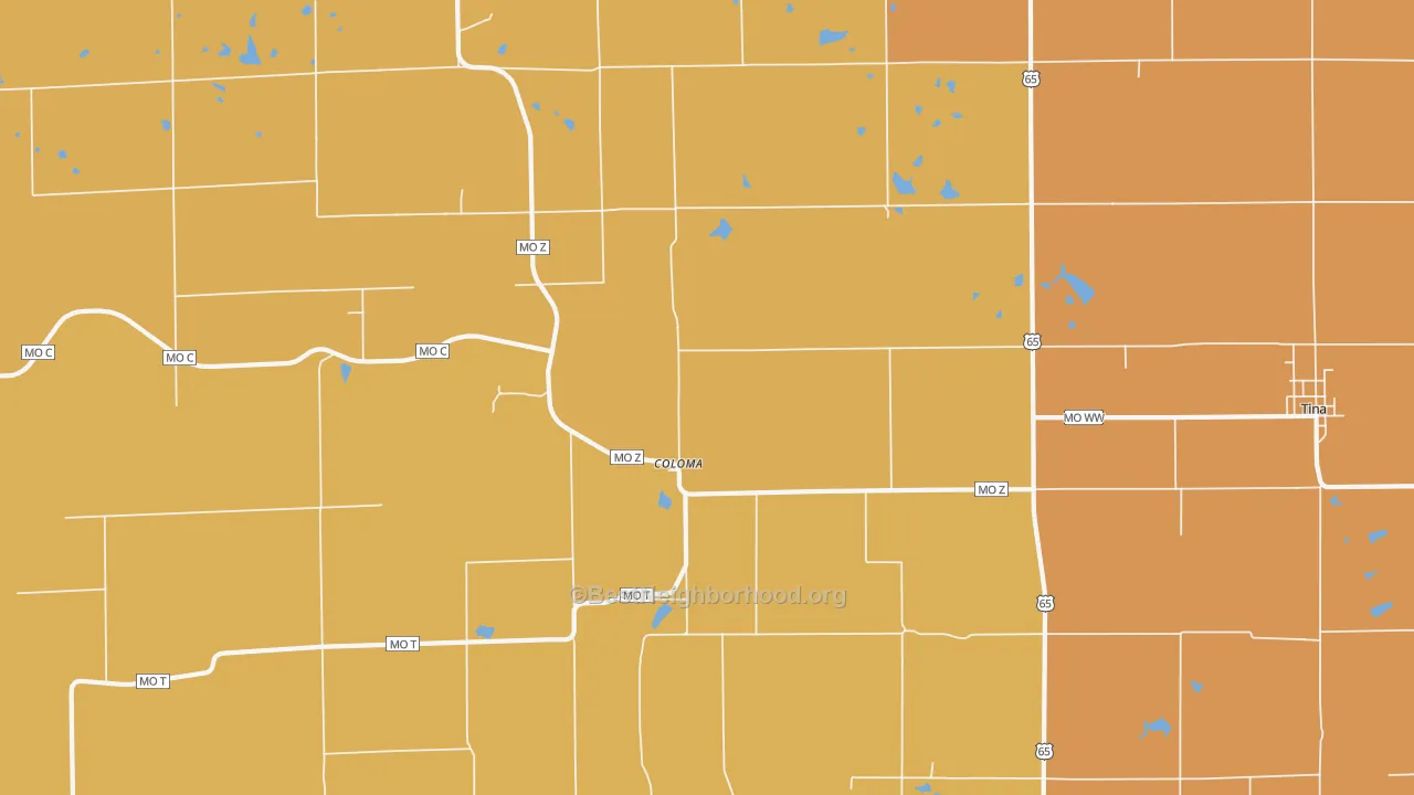 Map of the best neighborhoods in the Coloma area, with better matches in green and worse matches in red