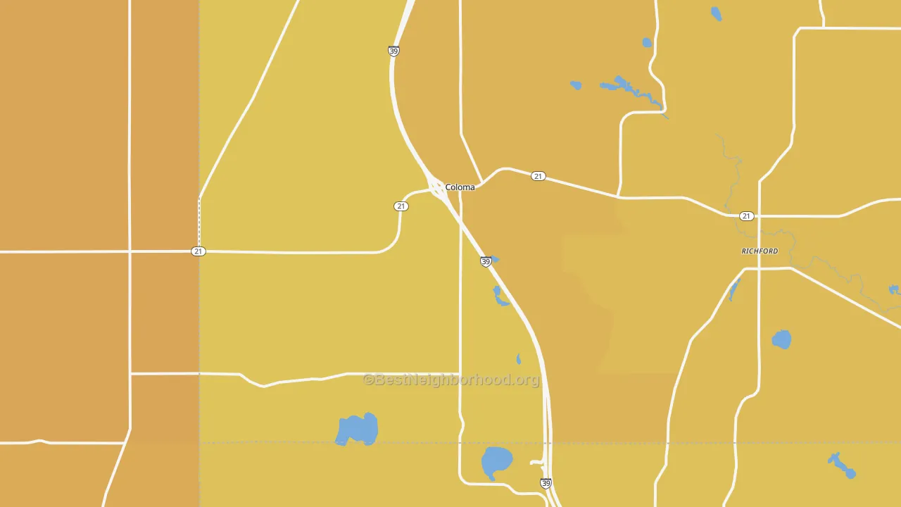 Map of the best neighborhoods in the Coloma area, with better matches in green and worse matches in red