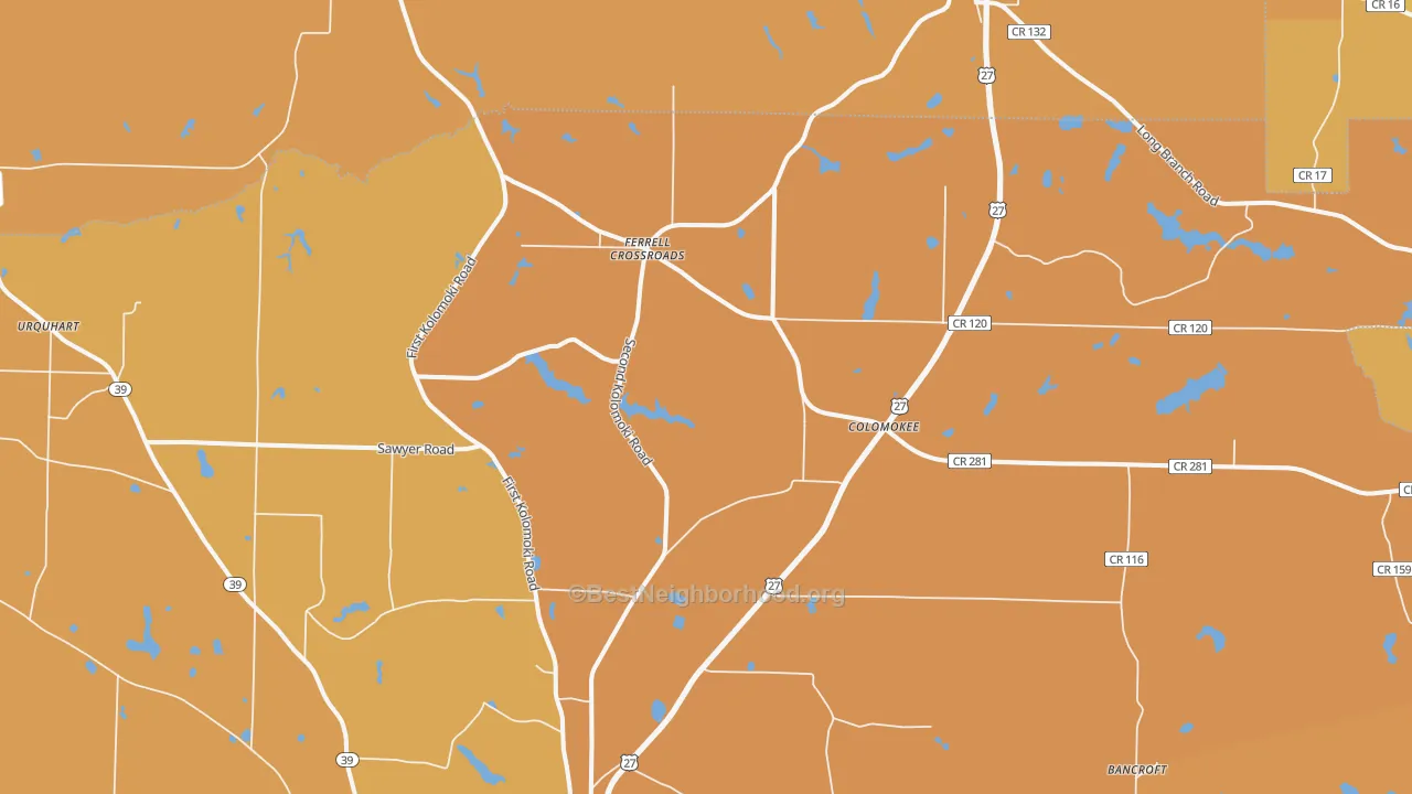 Map of the best neighborhoods in the Colomokee area, with better matches in green and worse matches in red