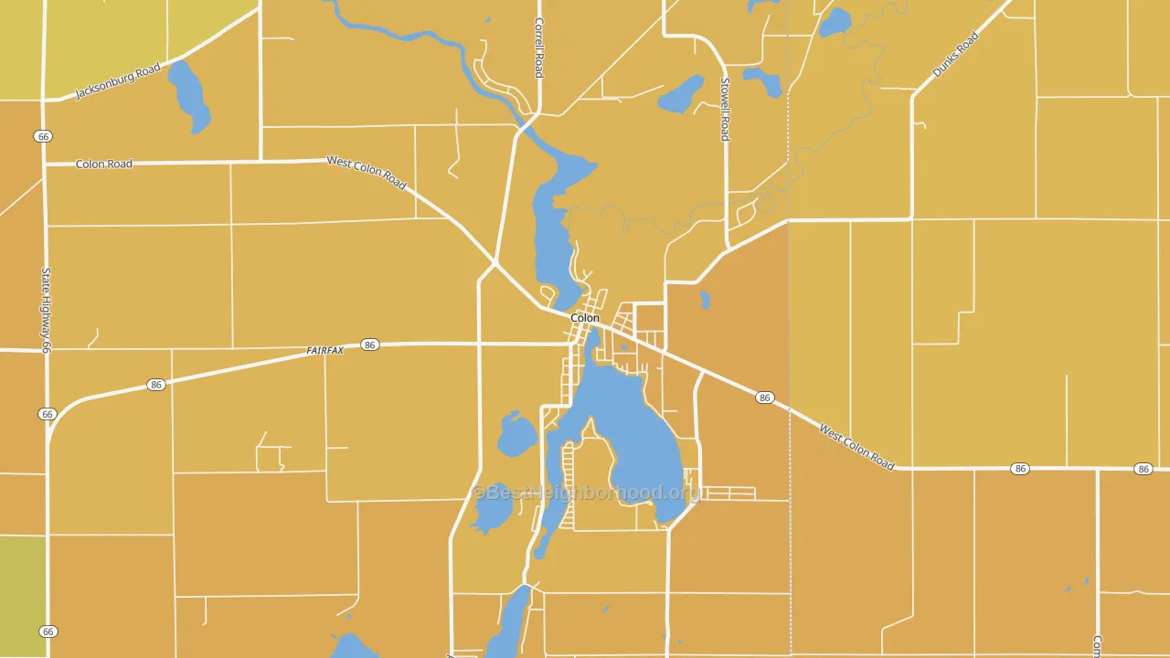Map of the best neighborhoods in the Colon area, with better matches in green and worse matches in red