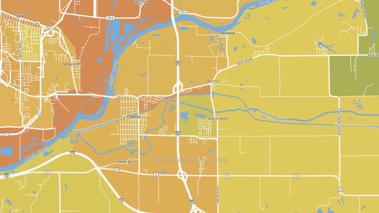 Map of the best neighborhoods in the Colona area, with better matches in green and worse matches in red